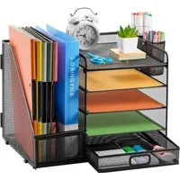 SURFOU Schreibtischaufsatz Schreibtisch Organizer mit Aktenhalter 5Tier Briefablage Ablagefächer, (mit Schublade 2 Stifthalter, Netz Schreibtisch Ablage), für Büro Bedarf Dokumentenablage