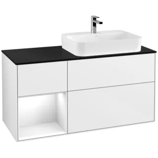 Villeroy und Boch Finion Waschtischunterschrank F392GFGF 120cm, Abdeckplatte black matt, Regal links Glossy white lacquer, Glossy white lacquer