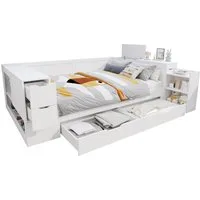 SeedWave Daybett Holzbett mit Stauraum, Ausziehbares Regal im Kopfteil, 90/140×200cm, Aufbewahrungskasten mit Klappdeckel