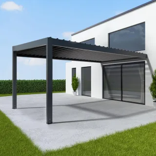 Pergola 3x6 m, elektrisch, mit Motor, Anbaupergola aus Aluminium, Anthrazitgrau RAL 7016, 3000x6000 mm