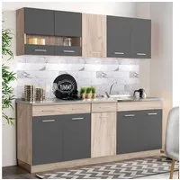 Homestyle4u Küchenzeile 200 cm ohne Geräte Grau matt Eiche Singleküche Küchenschränke Glas, (Oberschränke, Unterschränke, 2 Arbeitsplatten, Einbauküche), Küchenblock, Grau und Braun, Einbauküche