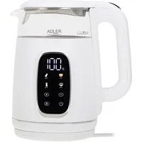 ADLER EUROPE Wasserkocher AD 1305ws Glas Wasserkocher mit Temperatureinstellung, LED Display, 1,7 l, 2200 W, Touchpanel, Warmhaltefunktion, Kalkfilter, weiß silber