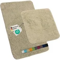 NYVI Badematte Badematten Set 2 teilig NYVISpa Lasalle Beige Badezimmerteppich Set, Höhe 20 mm, Polyester, Badematte 50x80cm + WC Vorleger ohne Ausschnitt, Rutschfest & Waschbar