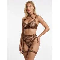 Elegant Love Set: Bügel-BH Damenunterwäsche Reizwäsche – Lingerie für besondere Anlässe (Set, 4-tlg., BH, Strapsgürtel, Tanga, Beinbänder) Dessous-Set aus feinem Spitzen-Mesh mit dekorativen Strapsdetails