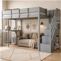 Flieks Hochbett Kinderbett 90x200cm mit Stauraumtreppe, Regale und Schreibtisch
