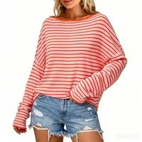 Arach&Cloz Langarmshirt Damen Oversize Shirt, Gestreiftes Off-Shoulder Top für Sommer und Urlaub