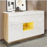 Merax Sideboard Hochglanz Anrichte mit LED-Beleuchtung & Musikmodus (2-Farb-Design in Weiß & Holzoptik, 1 St., 120x76,5x37cm), Schrank Kommode mit Schubladen, Türen & verdeckten Staufächern