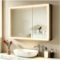 WDWRITTI Badezimmerspiegelschrank LED Spiegelschrank Schwarz Aluminum Badezimmer Schrank (Hängeschrank Badschrank 2-türig, 80x13,5x60cm) Doppelseitiger HD-Spiegel, 3Lichtmodi, Dimmbar, Anti-fog, Memory