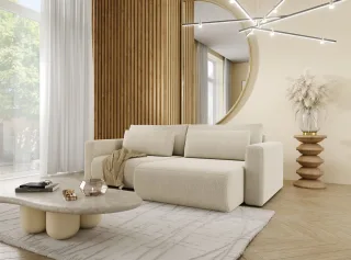 Ecksofa Sofa mit Schlaffunktion CHAIRA Stoff Curio Hellbeige Ottomane Rechts