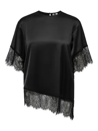 ONLY - Satin-Top mit Spitze schwarz - Gr. - XS