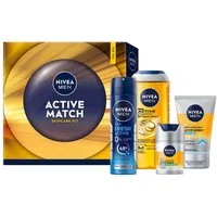 Nivea Men Feuchtigkeitspflege-Set Active Match Geschenkset 4-teilig Duschgel Deo Gesichtspflege Pflege Set, 4-tlg., Routine Pflegeset für Ihn, Geschenkidee für Männer
