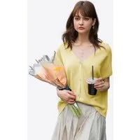 Imily Bela Cardigan Damen Kurzarm mit V-Ausschnitt Knopfleiste Loose Stricken (Packung, 1-tlg., 1per-Pack) Fledermausärmel gehäkelt in Unifarbe