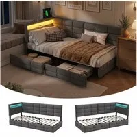 PXloue Polsterbett Daybett Tagesbett, Schlafsofa,2 Schubladen, Mit LED und USB-Ladeanschluss,90x200 cm