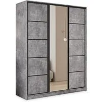 Masseno Schwebetürenschrank PINA 150 cm Kleiderschrank mit Spiegel 3 Türen und 4 Schubladen Beton