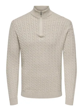 ONLY&SONS - ONSLOUI REG 12 CABEL HALF ZIP KNIT NOOS Oatmeal - Gr. - XXL