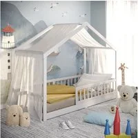 CADANI Kinderbett Malte Hausbett Bodenbett Rausfallschutz abnehmbar bis 200 kg belastbar (90x200 cm, Montessori Kinder- & Jugendbett aus Kiefer Massivholz), inkl. stabilem Roll-Lattenrost, langfristig nutzbar, Weiss