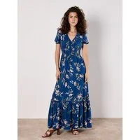 Apricot Druckkleid Florales Maxikleid mit gesmokter Taille