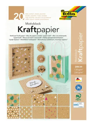 folia 48798 - Motivblock Kraftpapier Mix mit 10 Blatt Kraftpapier 120 g/m² und 10 Blatt Kraftkarton 230 g/m² DIN A4 unifarben mit Motivdruck Block mit Kopfleimung zum Basteln und Gestalten