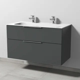Sanipa 3way Keramik-Set Finion Keramik-Doppelwaschtisch und Unterbau mit 2 Auszügen, Anthrazit-Matt UM40322