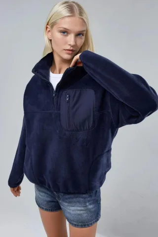 Reißverschlusskragen Plüschstrick-Sweatshirt mit Tasche