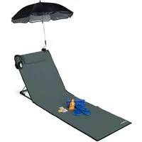 relaxdays Gartenliege Strandmatte mit Sonnenschirm, Anthrazit