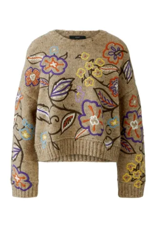 Oui - Pullover mit Stickerei beige - Gr. - 36