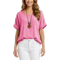 dy_mode Kurzarmbluse Damen Kurzarm Bluse Leichte Sommer Tunika Baumwollbluse Oberteil in Unifarbe, mit passende Kette