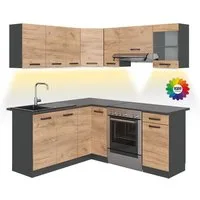 Vicco Winkelküche Rick, Goldkraft Eiche/Anthrazit, 187 x 167 cm, AP Anthrazit mit LED...