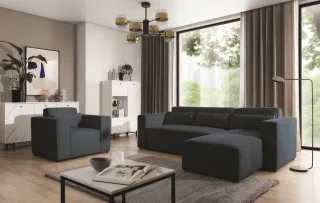 Ecksofa Schlafsofa inkl. Sessel WALDO Stoff Brooklyn Meeresblau Ottomane Rechts