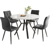 i@home Essgruppe rundes Esstisch aus Marmor mit 4 Samtstühle, grau/schwarz/grün, (5-teilig), Tischbeine aus schwarzem Metall