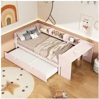 Ulife Kinderbett mit ausziehbarem Bett, Flachbett 90x200cm + 90x180cm (Ohne Matratze), mit Schreibtisch und drei Regalen an der Bettseite