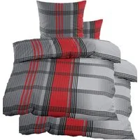 KH-Haushaltshandel Bettwäsche 4-tlg. Seersucker Bettwäsche 2x (135x200 +80x80cm), Seersucker, rot grau schwarz, kariert, bügelfrei, Microfaser