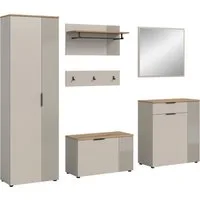 Home affaire Garderoben-Set EDIL, Breite 250 cm, 6-teilig, Front mit hochwertiger Längstfräsung, (Set, 5-St., Hochschrank, Sitzbank, Paneel, Hakenleiste, Kommode & Spiegel), Garderobenkombination, Kombination, Set, Garderobe, Flurgarderobe
