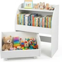 COSTWAY Kinderregal, Bücherregal Kinder aus Holz mit Schublade auf Rollen