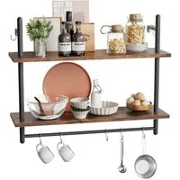 Bestier Wandregal Wandboard Holz, Küchenregal, Wandregal Badezimmer Metall, Schwebendes Regal Wandmontage, Bücherregal mit Handtuchhalter und Haken, Kaffeebar Regal, Weinhalter, Wohnzimmer Deko