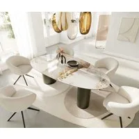 DELIFE Esstisch Edge, Oval Keramik Minas Melange Weiß-Beige 220x120 Troa Metall Effektfinish