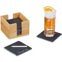 relaxdays Getränkeuntersetzer Schiefer Untersetzer 8er Set Bambus-Box