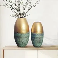 FINEBUY Tischvase FB108781 Vase 2er Set Blumenvase Aluminium Gold Patina Punziert Rund (2er Set Aluminium Gold Patina Blumenvase Modern), Dekovase Rund 2-teilig für Blumen Alu Tischvase