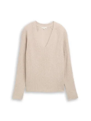 Tom Tailor - Strickpullover mit V-Ausschnitt dusty alabaster melange - Gr. - L