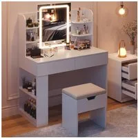 HOMALL Schminktisch mit Spiegel, LED-Beleuchtung, einstellbare Helligkeit, ostern (Langex Brete x Hthe) 90/110 x 40x 135 cm. B ofene Facher (2 seitiche Facher sind nach inks und rechts verschiebban. 2 groBe Schubladen)