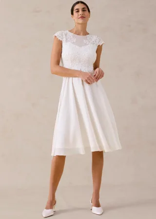 bonprix Brautkleid mit Spitze, weiß, Gr.44, Romantisch und feminin: Cocktail-Kleid in Midi-Länge aus feinem Chiffon mit Spitze