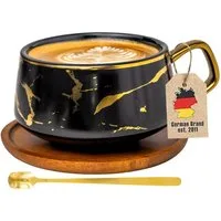 Intirilife Tasse, 1-tlg., Keramik, 1x Kaffeetasse, Teetasse mit Holz Untersetzer Becher