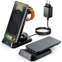 LA CUTE 3-in-1 Induktive Ladestation 20W Faltbar Galaxy iPhone Watch AirPods Wireless Charger (1500 mA, Komplettset für Smartphone, Watch und Earbuds, Ladegerät mit Netzadapter, USB-C-Kabel und Anleitung, 3-in-1 Ladegerät für Samsung, iPhone, Watch, 