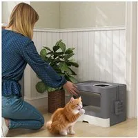 PawHut Katzentoilette Katzenklo mit Schaufel, Deckel, Toilette für Katzen bis 4 kg, für Indoor, Kunststoff Grau 48,5 x 38 x 36,5cm