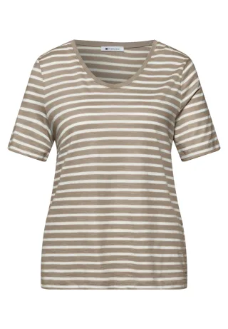 Street One - T-Shirt mit gerundetem V-Ausschnitt safari beige - Gr. - 42