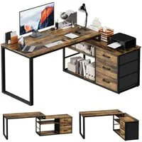 HOMALL Schreibtisch L-förmiger Eckschreibtisch mit USB-Anschluss und zwei Steckdosen. (Abmessungen: 140 x 105 x 75 cm, L-förmiger Schreibtisch Gamingtisch, umwandelbar in einen I-förmigen Schreibtisch, mit 3 Schubladen und 2 Fächern)