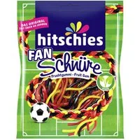 hitschies Süßigkeit, Hitschies Fan Schnüre Fruchtgummi schwarz rot gold Packung 125g