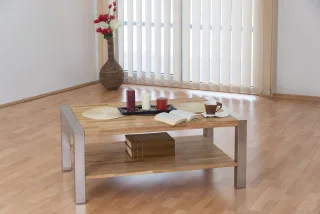 Couchtisch LEON Massivholz Wildeiche mit Edelstahlkufen Größe 110x70