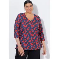 Ulla Popken Longshirt Shirt Blüten V-Ausschnitt 3/4-Arm
