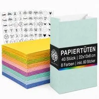 OfficeTree Tragetasche 40x Papiertüten Bunt - 8 Farben - 22x13x8 cm - inkl. 60 Sticker